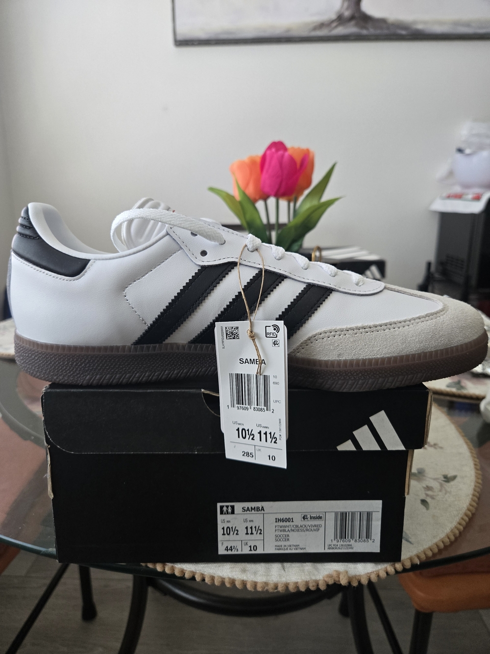 adidas Samba Sneakers in White with Black Stripes and Gum Sole